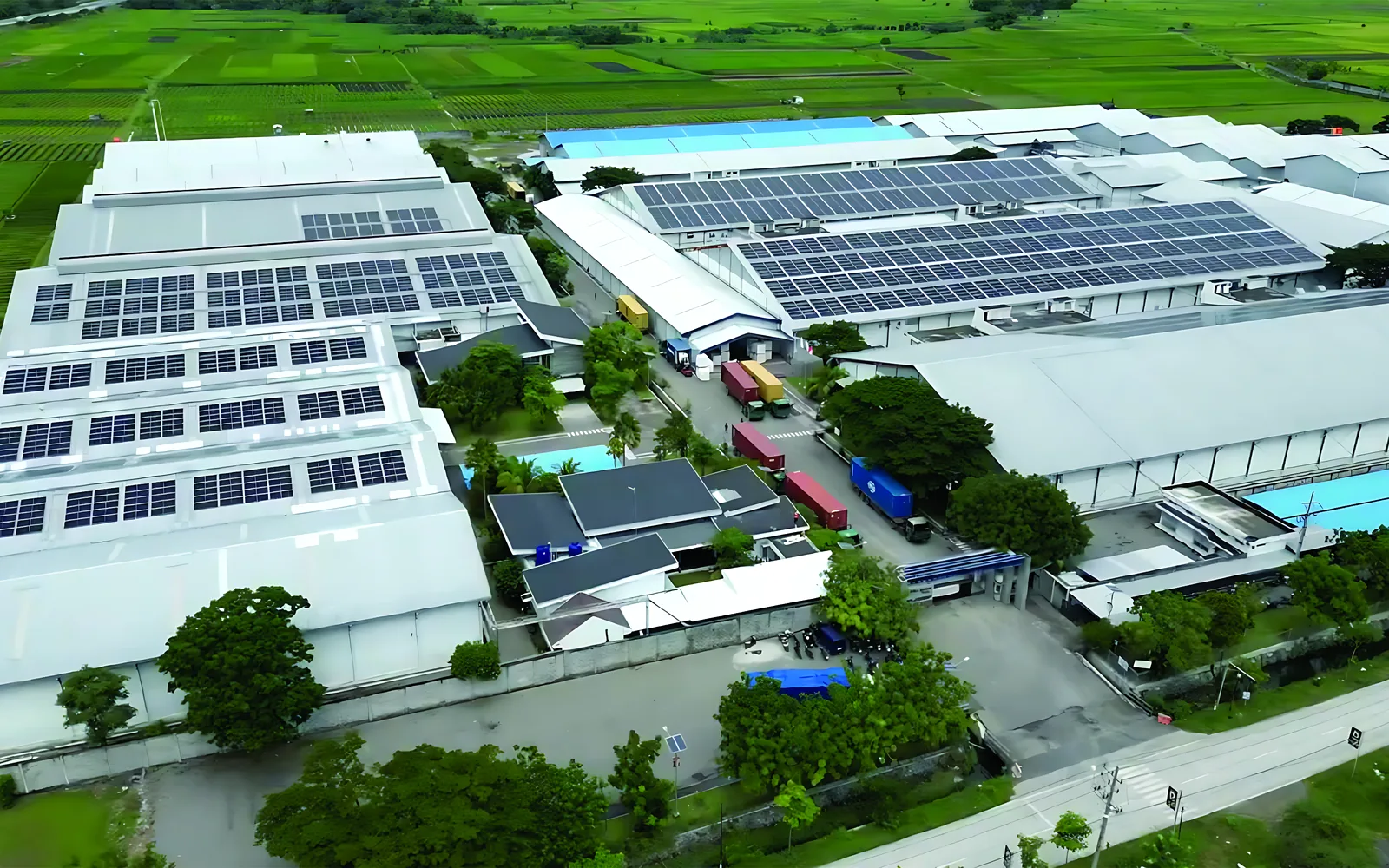 Aerial view of Mitra Saruta Nganjuk manufacturing complex and solar-powered factory roofs